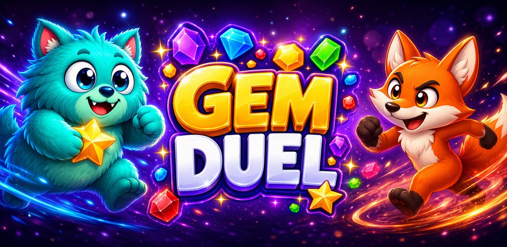 The teal monster and the orange fox race towards the Gem Duel logo